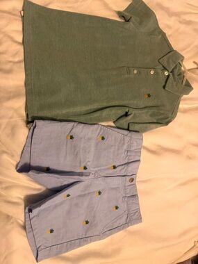 Janie and Jack Green Polo Top with Light Blue Pineapple Embroidered Shorts